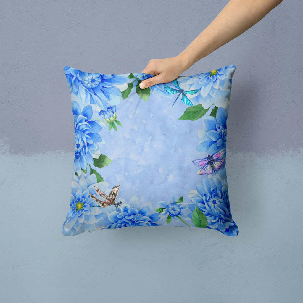 Blue Dahlias Decorative Throw Pillow 14x14 Indoor Outdoor Accent Cushion, Fabric Cover with Insert for Sofa, Bed, Porch & Living Room