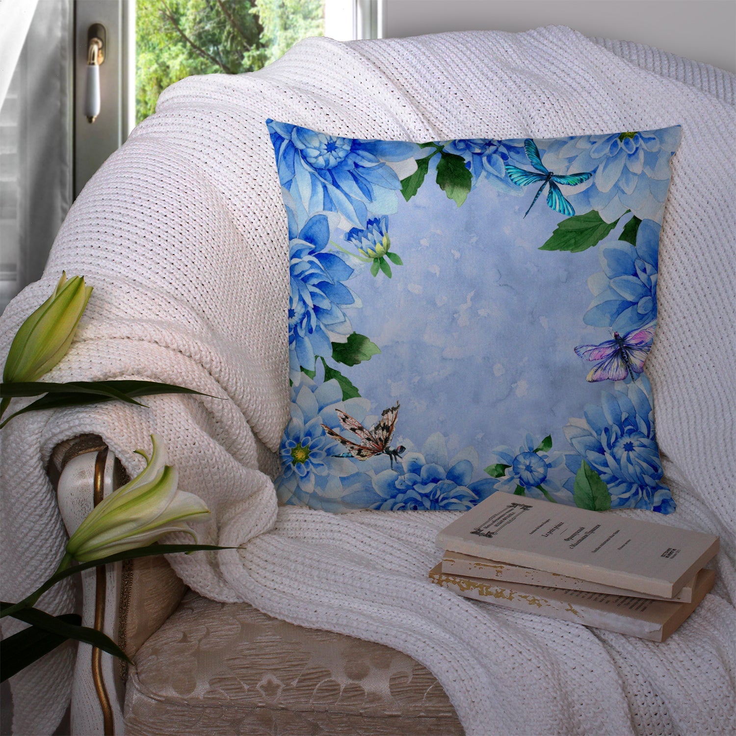 Blue Dahlias Decorative Throw Pillow 14x14 Indoor Outdoor Accent Cushion, Fabric Cover with Insert for Sofa, Bed, Porch & Living Room