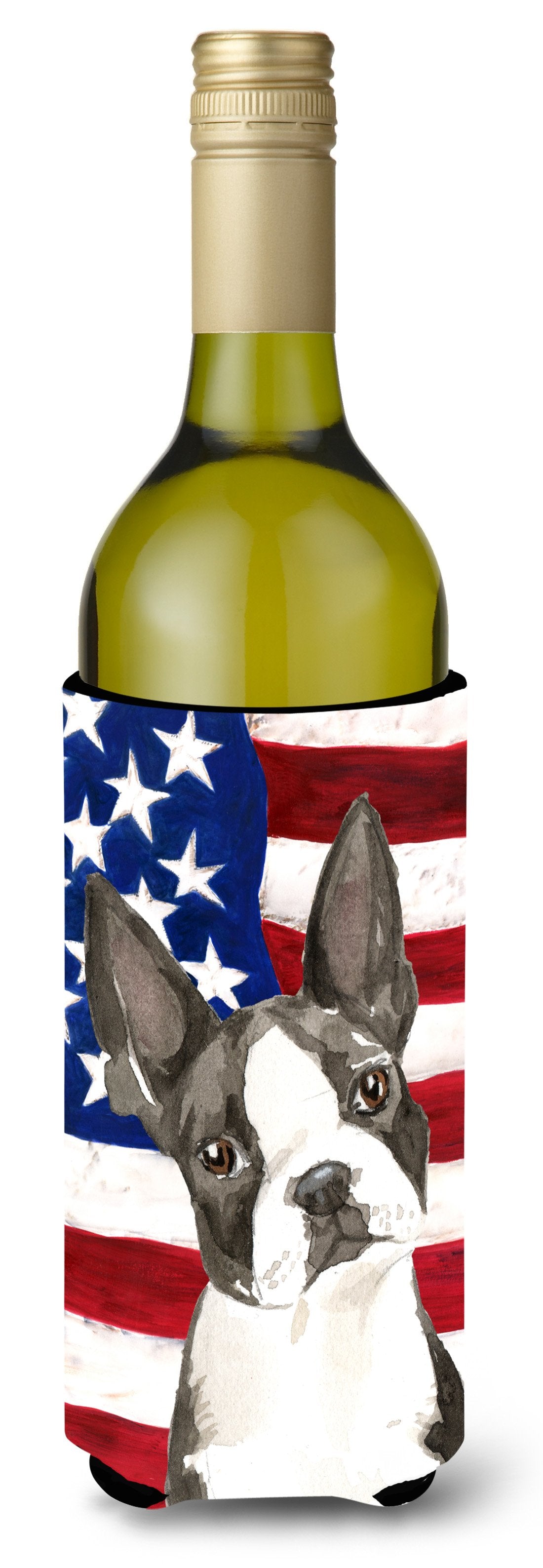 Patriotic USA Boston Terrier Wine Bottle Hugger Gift Sleeve for Standard 750 ml Bottles, Insulated Reusable Also Fits Mini Shot & Pint Bottles