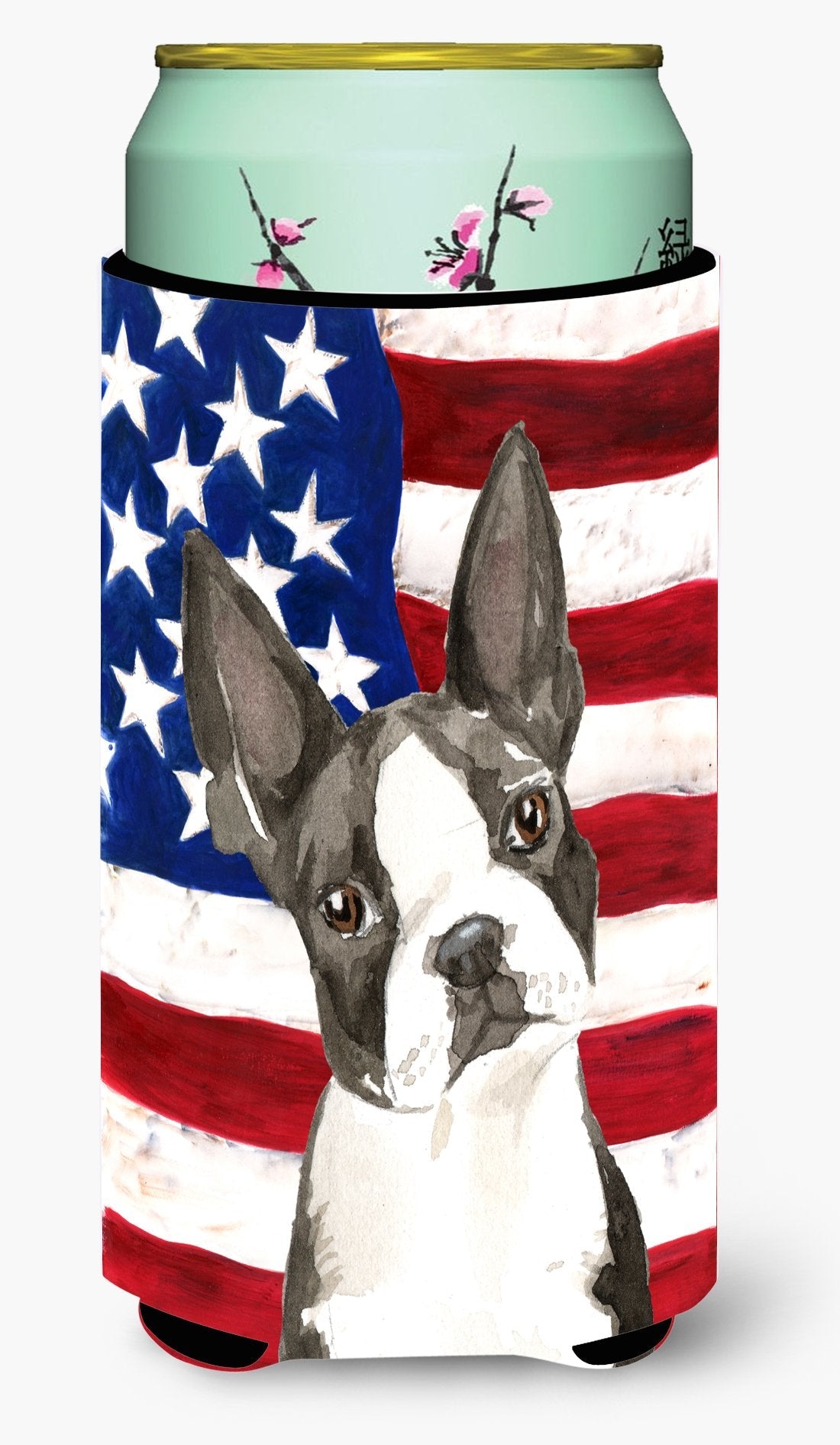 Patriotic USA Boston Terrier Tall Boy Hugger Can Cooler Sleeve Machine Washable Drink Collapsible Insulator Beverage Insulated Holder