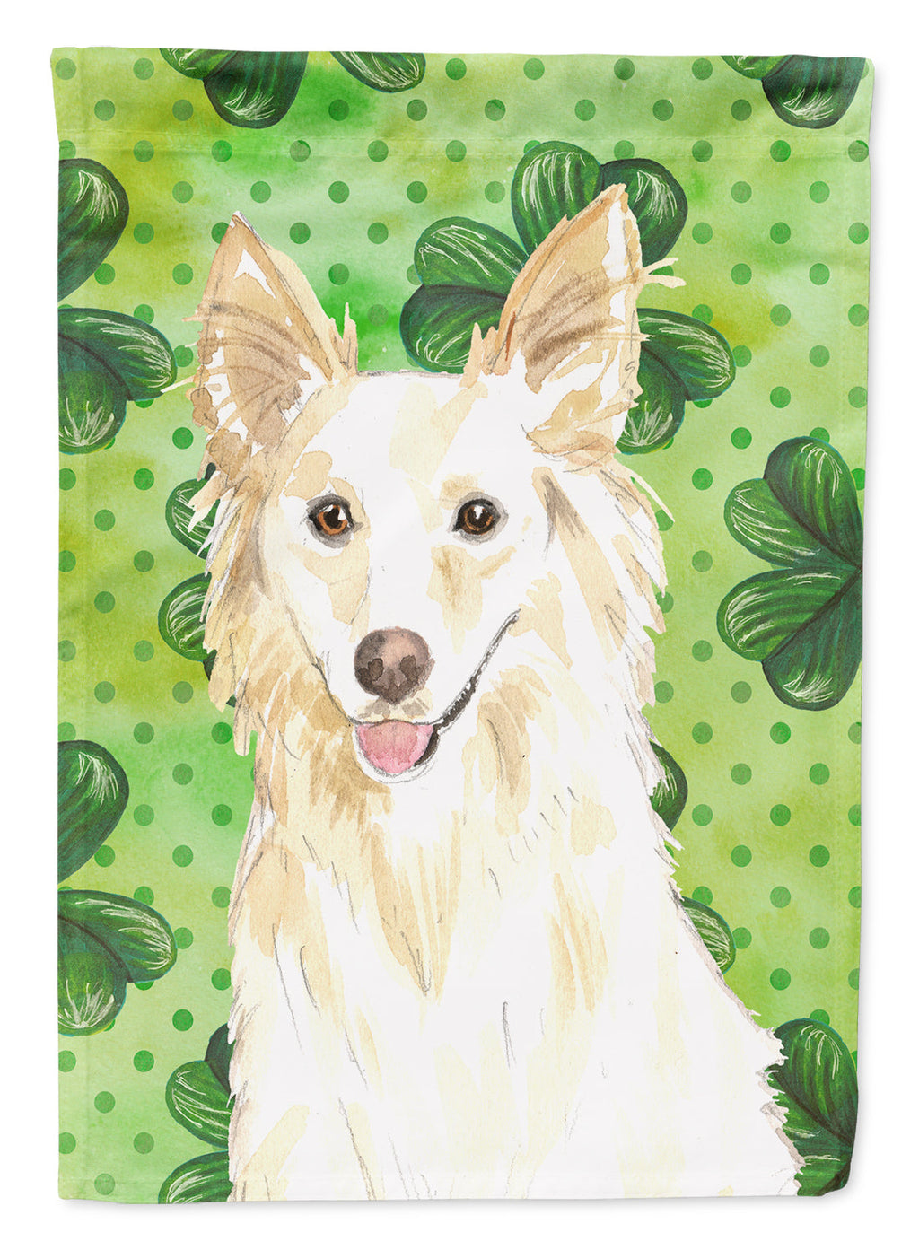 Shamrocks White Collie House Flag 28x40 Porch Sleeve Pole Decorative Outside Yard Banner Artwork Wall Hanging, Polyester