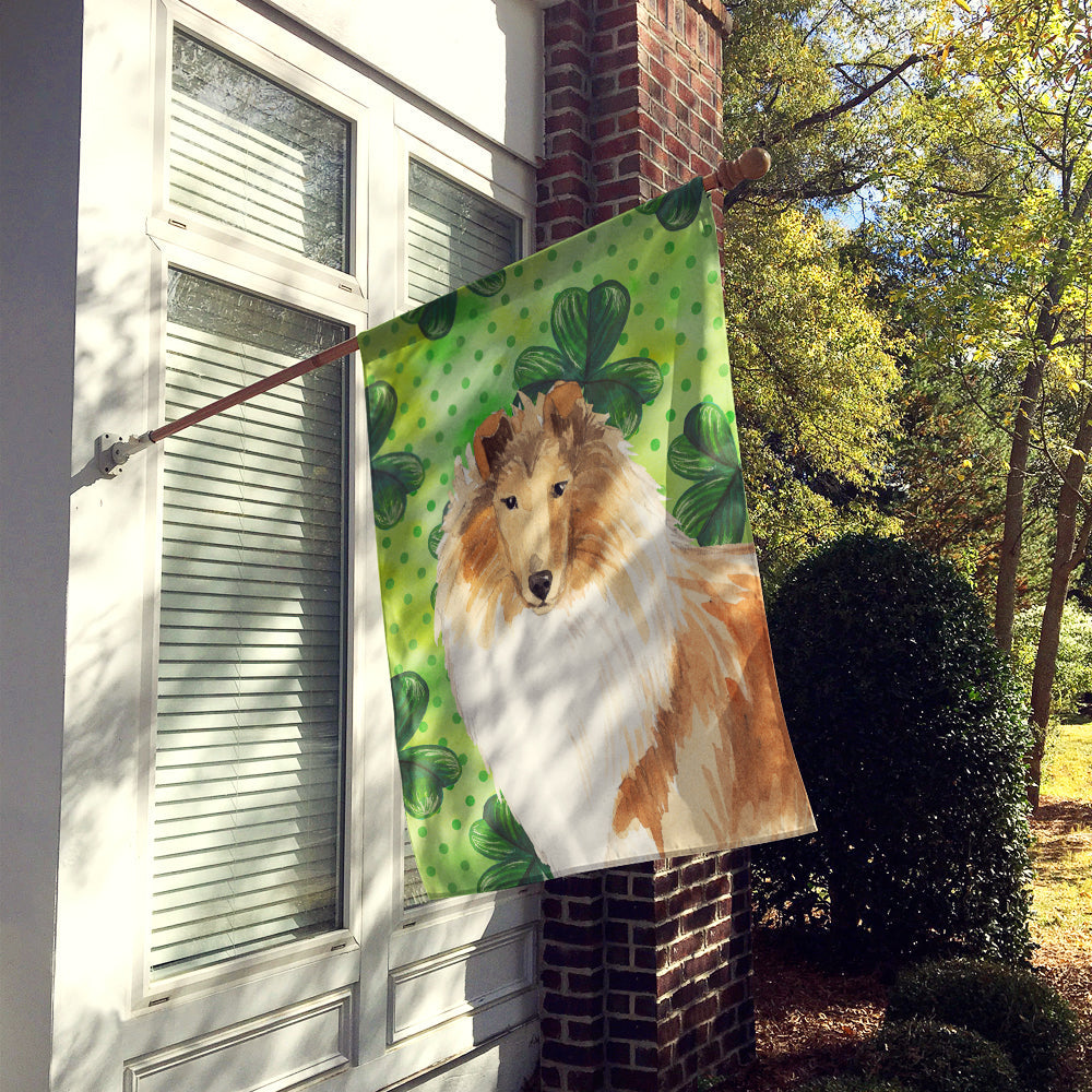 Shamrocks Rough Collie House Flag 28x40 Porch Sleeve Pole Decorative Outside Yard Banner Artwork Wall Hanging, Polyester