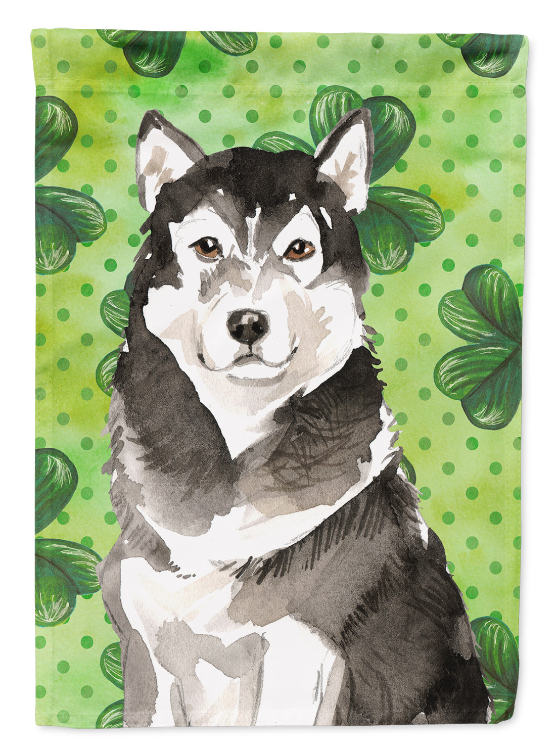 Shamrocks Alaskan Malamute House Flag 28x40 Porch Sleeve Pole Decorative Outside Yard Banner Artwork Wall Hanging, Polyester