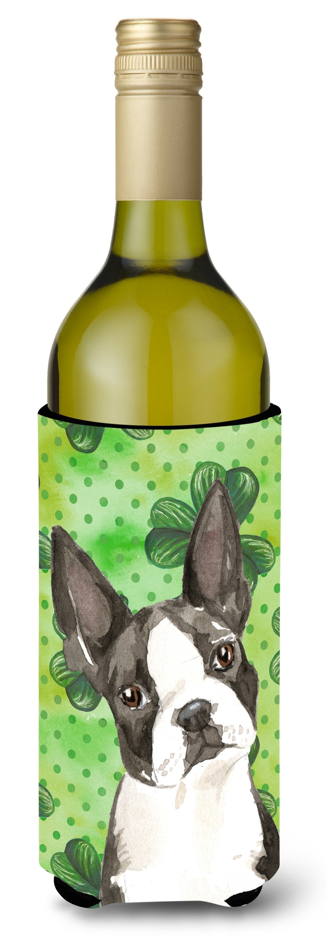 Shamrocks Boston Terrier Wine Bottle Hugger Gift Sleeve for Standard 750 ml Bottles, Insulated Reusable Also Fits Mini Shot & Pint Bottles