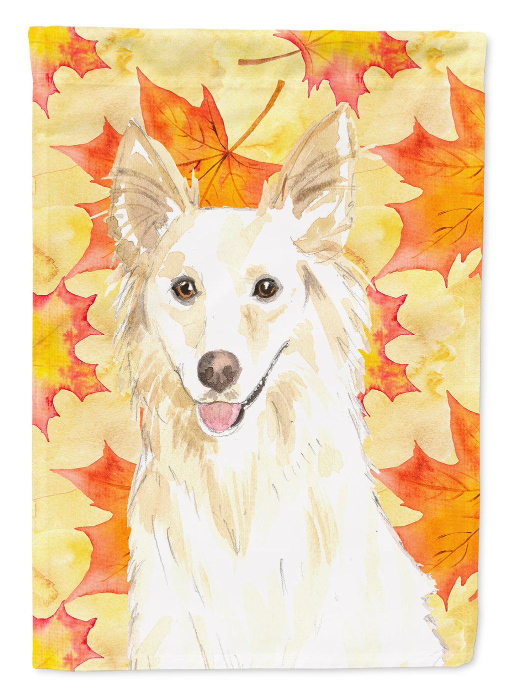 Fall Leaves White Collie House Flag 28x40 Porch Sleeve Pole Decorative Outside Yard Banner Artwork Wall Hanging, Polyester