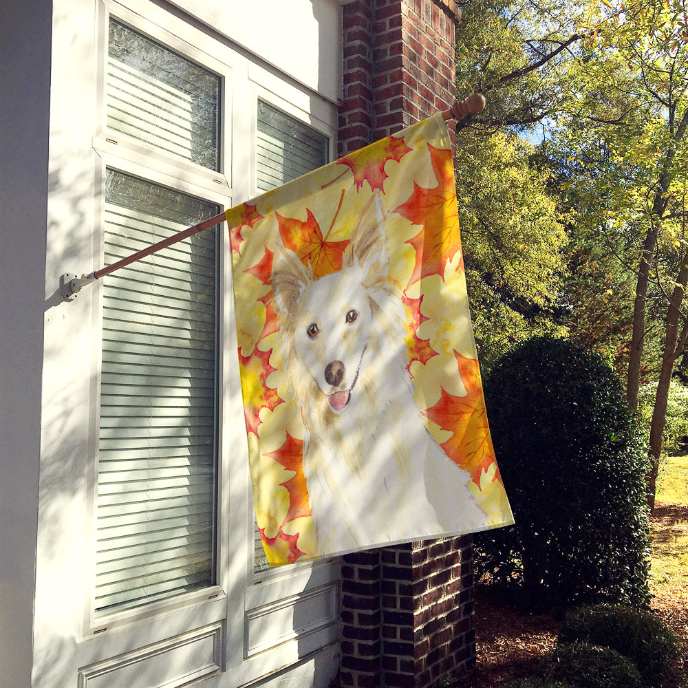 Fall Leaves White Collie House Flag 28x40 Porch Sleeve Pole Decorative Outside Yard Banner Artwork Wall Hanging, Polyester