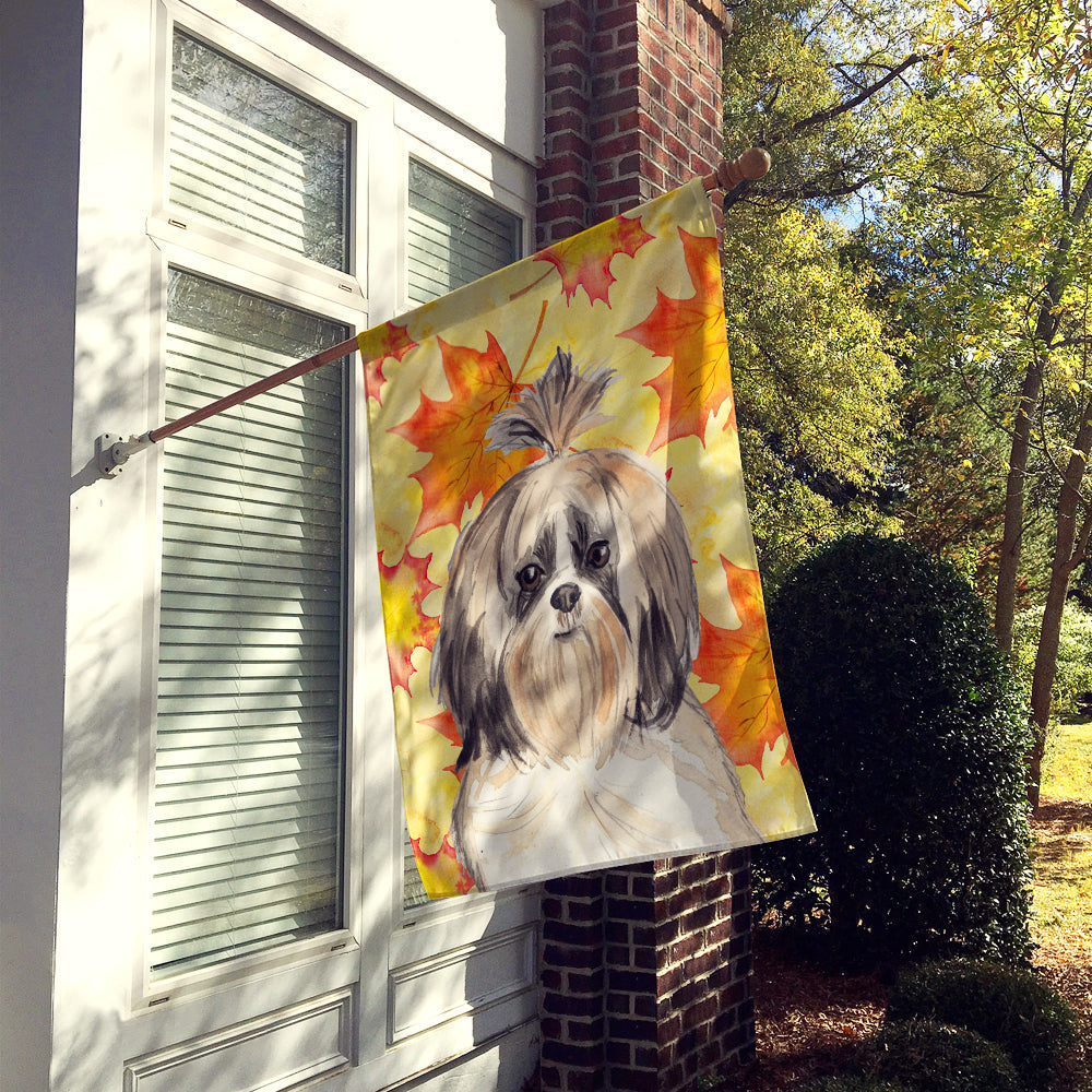 Fall Leaves Shih Tzu House Flag 28x40 Porch Sleeve Pole Decorative Outside Yard Banner Artwork Wall Hanging, Polyester