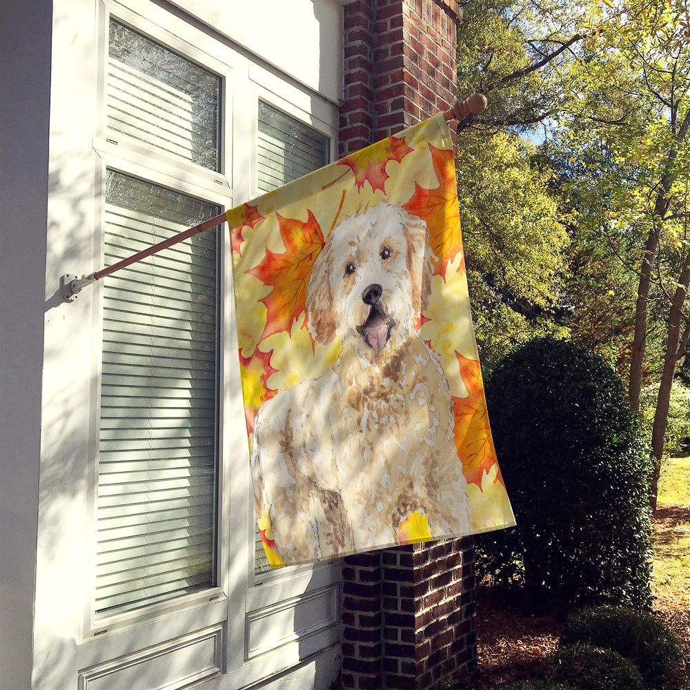 Fall Leaves Goldendoodle House Flag 28x40 Porch Sleeve Pole Decorative Outside Yard Banner Artwork Wall Hanging, Polyester