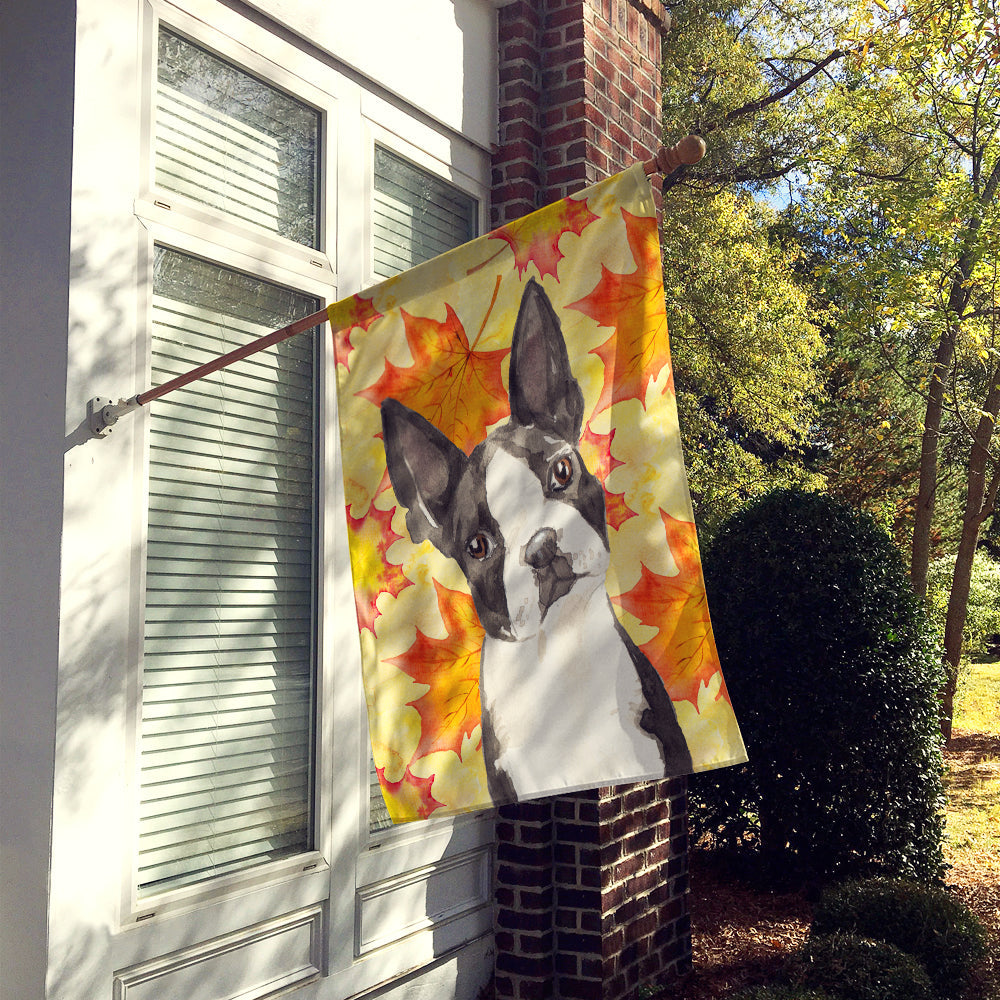 Fall Leaves Boston Terrier House Flag 28x40 Porch Sleeve Pole Decorative Outside Yard Banner Artwork Wall Hanging, Polyester