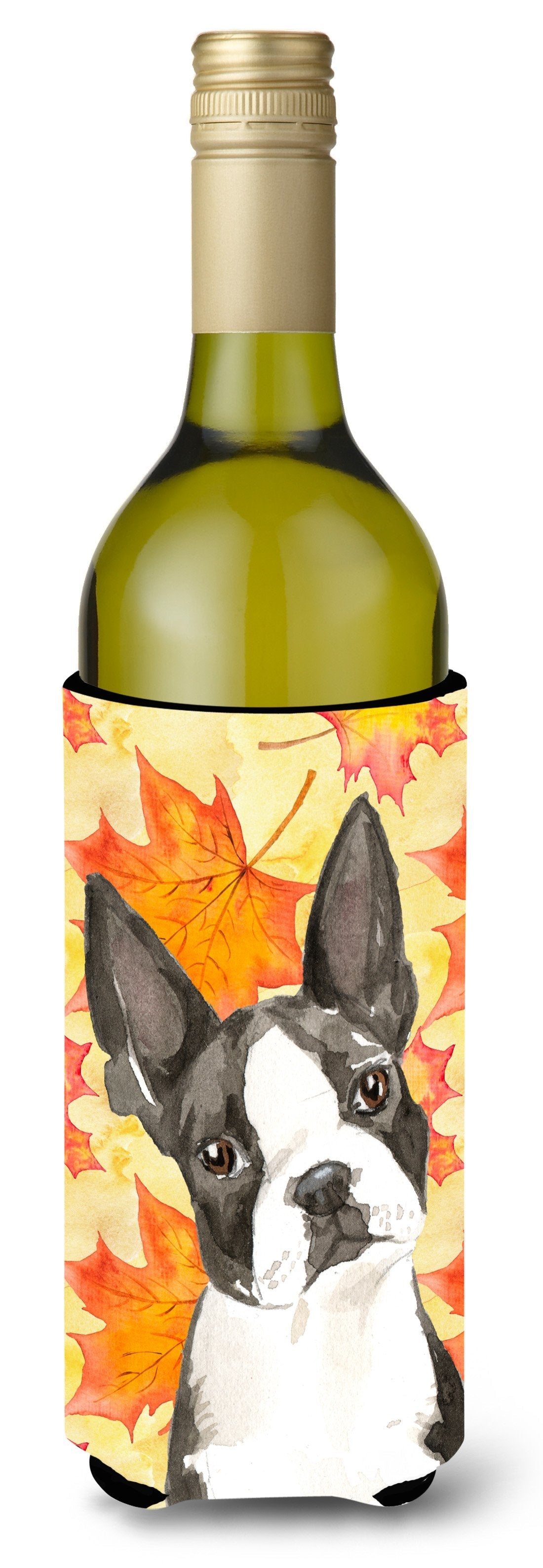 Fall Leaves Boston Terrier Wine Bottle Hugger Gift Sleeve for Standard 750 ml Bottles, Insulated Reusable Also Fits Mini Shot & Pint Bottles