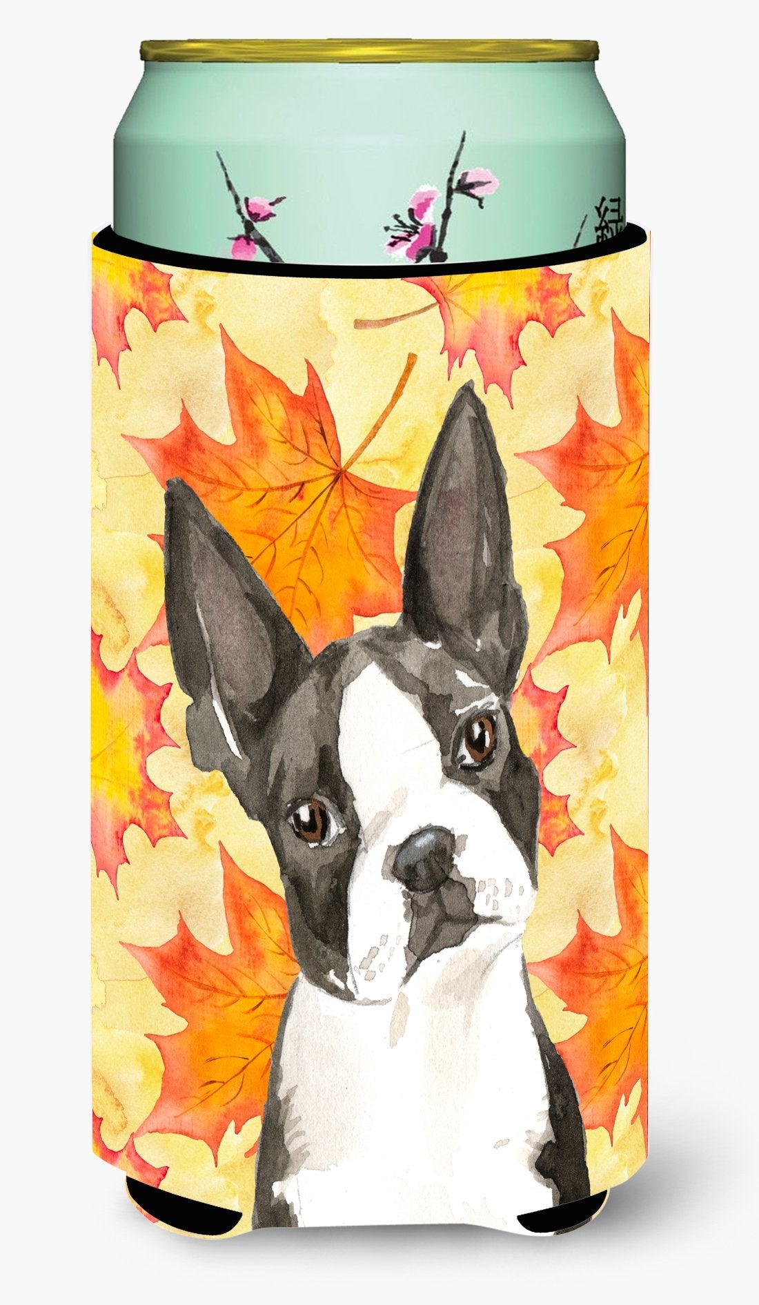 Fall Leaves Boston Terrier Tall Boy Hugger Can Cooler Sleeve Machine Washable Drink Collapsible Insulator Beverage Insulated Holder