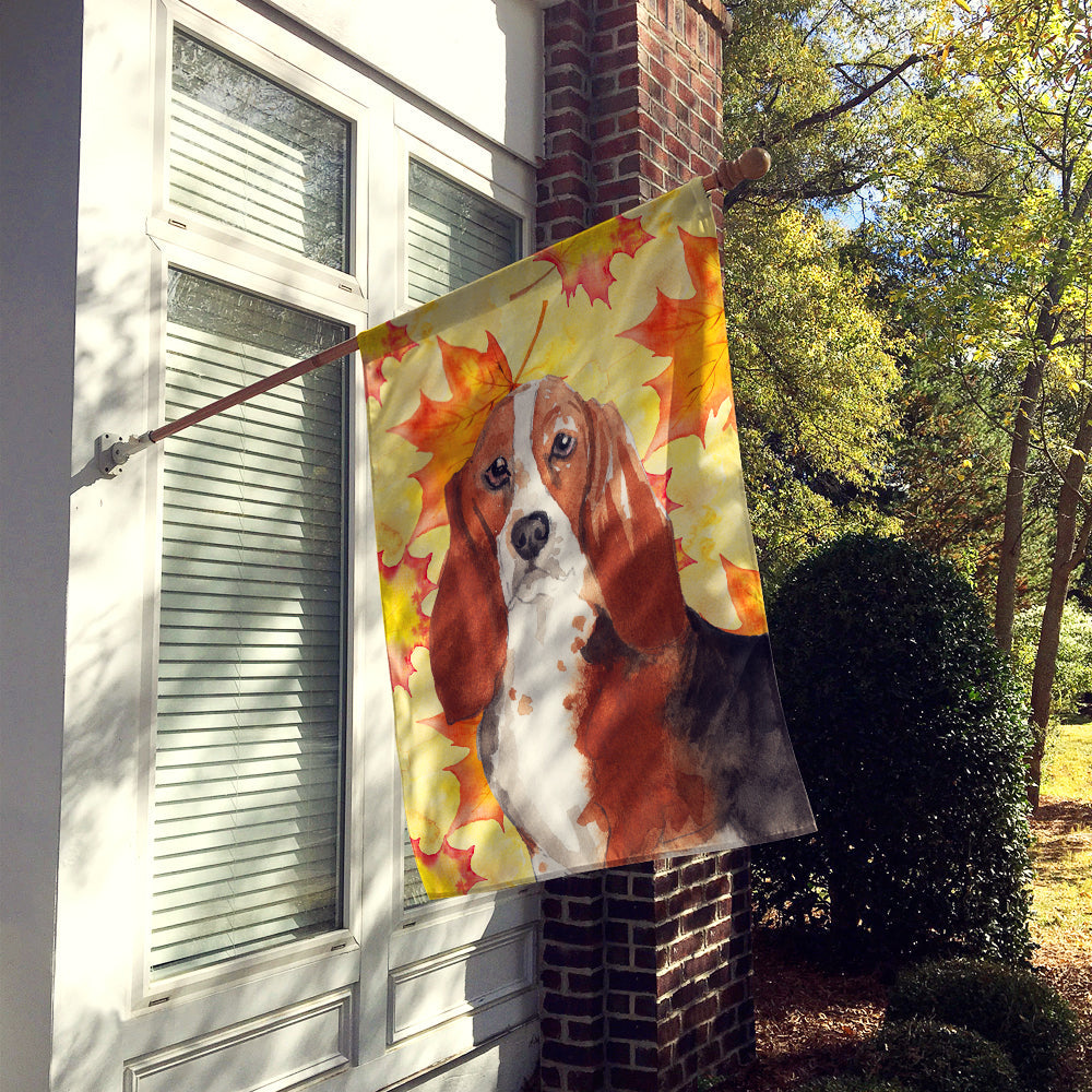 Fall Leaves Basset Hound House Flag 28x40 Porch Sleeve Pole Decorative Outside Yard Banner Artwork Wall Hanging, Polyester