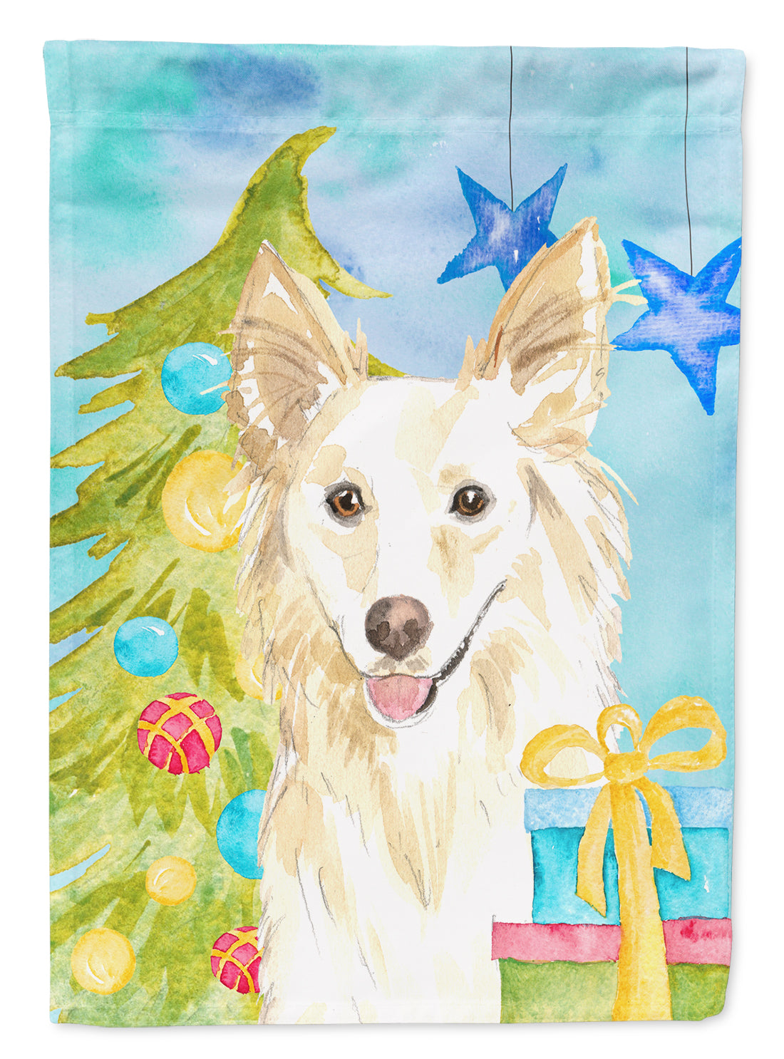 Christmas Tree White Collie House Flag 28x40 Porch Sleeve Pole Decorative Outside Yard Banner Artwork Wall Hanging, Polyester