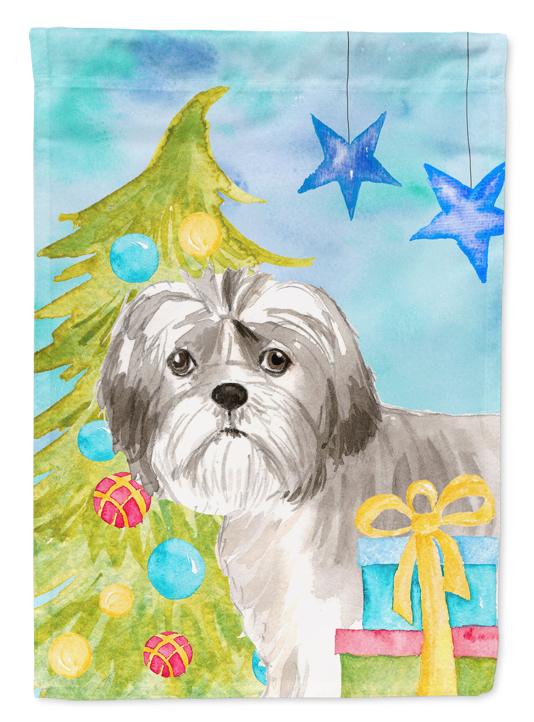 Christmas Tree Shih Tzu Puppy House Flag 28x40 Porch Sleeve Pole Decorative Outside Yard Banner Artwork Wall Hanging, Polyester