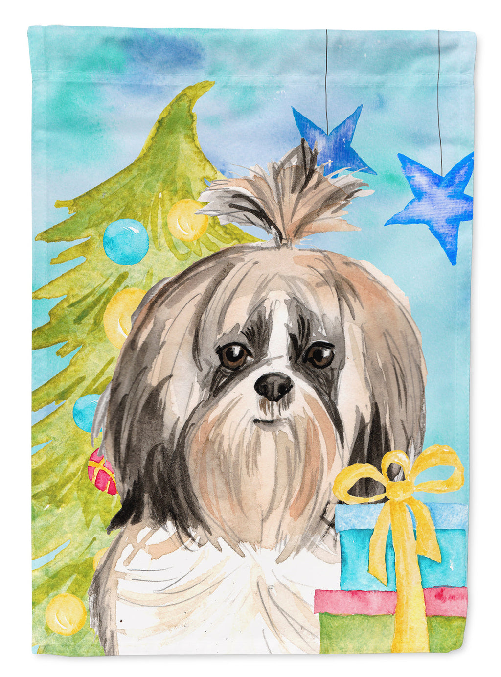 Christmas Tree Shih Tzu House Flag 28x40 Porch Sleeve Pole Decorative Outside Yard Banner Artwork Wall Hanging, Polyester