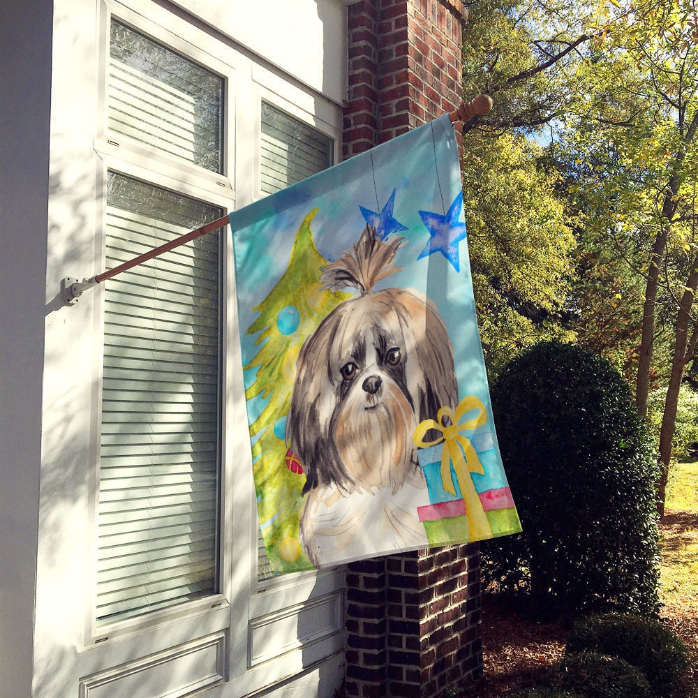 Christmas Tree Shih Tzu House Flag 28x40 Porch Sleeve Pole Decorative Outside Yard Banner Artwork Wall Hanging, Polyester