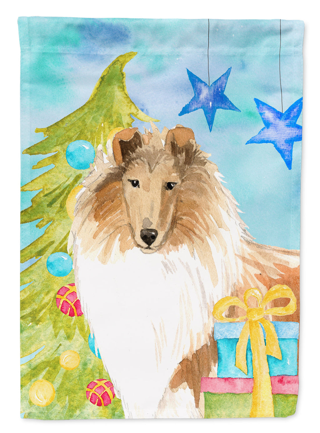 Christmas Tree Rough Collie House Flag 28x40 Porch Sleeve Pole Decorative Outside Yard Banner Artwork Wall Hanging, Polyester