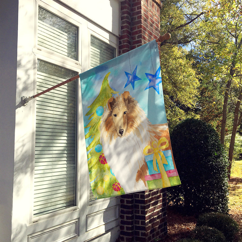 Christmas Tree Rough Collie House Flag 28x40 Porch Sleeve Pole Decorative Outside Yard Banner Artwork Wall Hanging, Polyester