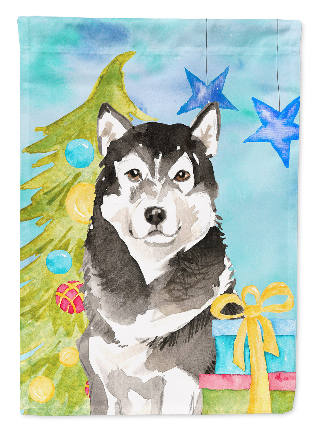 Christmas Tree Alaskan Malamute House Flag 28x40 Porch Sleeve Pole Decorative Outside Yard Banner Artwork Wall Hanging, Polyester