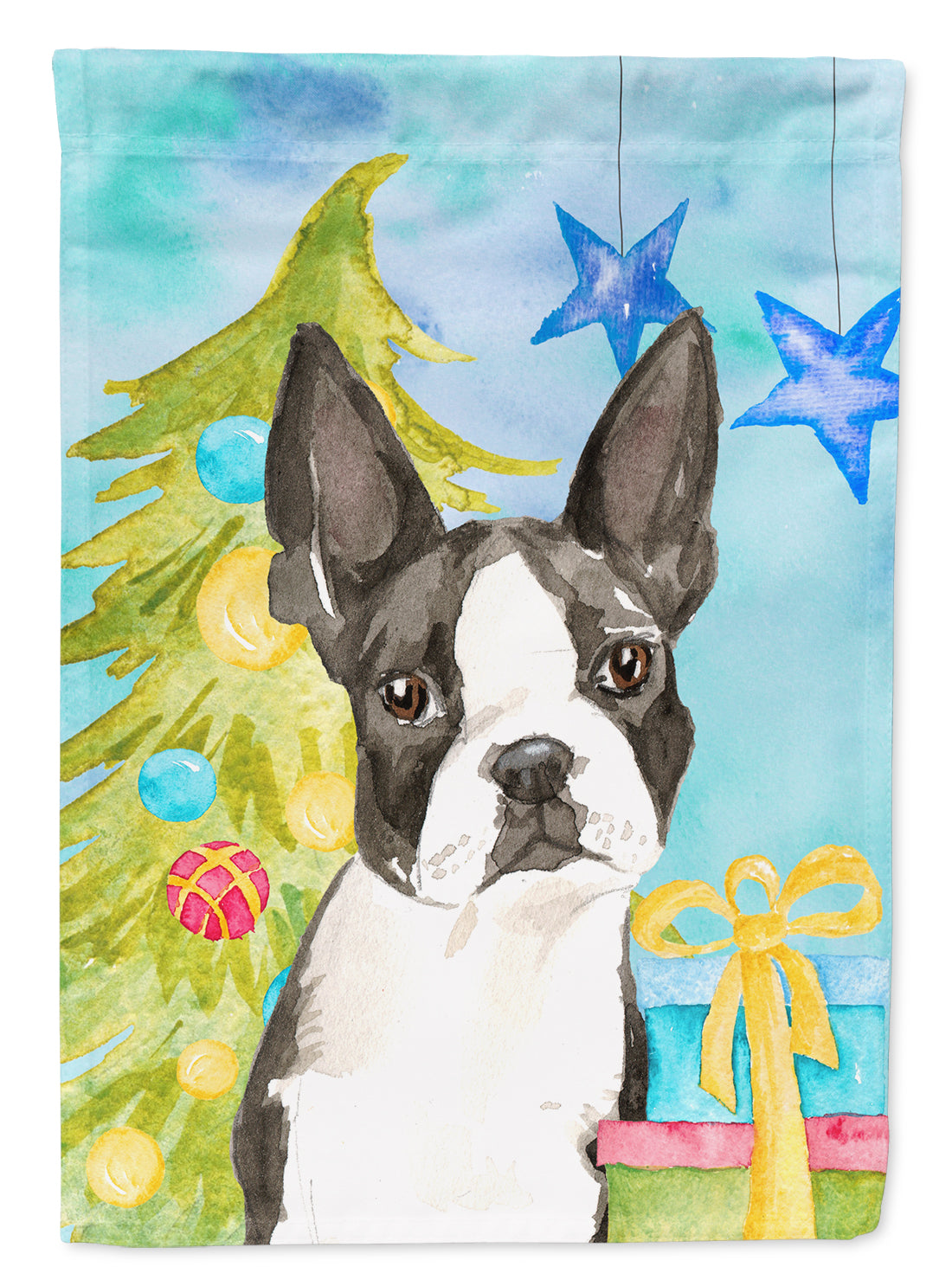 Christmas Tree Boston Terrier House Flag 28x40 Porch Sleeve Pole Decorative Outside Yard Banner Artwork Wall Hanging, Polyester