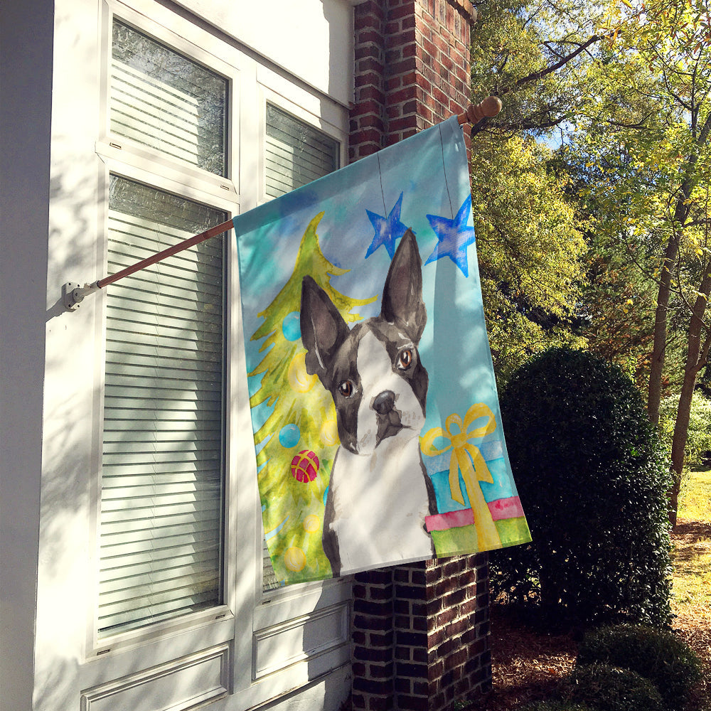 Christmas Tree Boston Terrier House Flag 28x40 Porch Sleeve Pole Decorative Outside Yard Banner Artwork Wall Hanging, Polyester