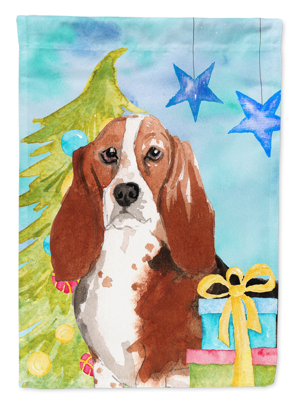 Christmas Tree Basset Hound House Flag 28x40 Porch Sleeve Pole Decorative Outside Yard Banner Artwork Wall Hanging, Polyester
