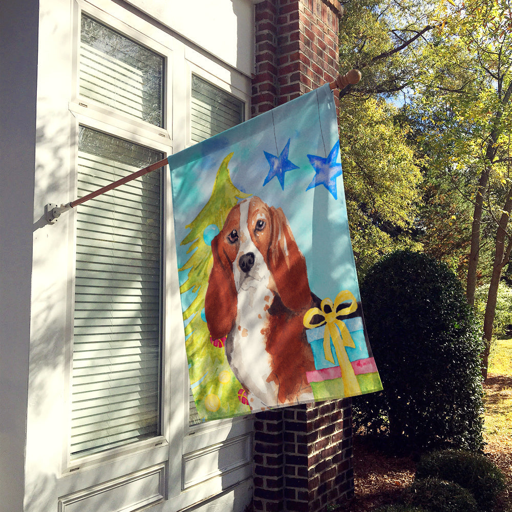 Christmas Tree Basset Hound House Flag 28x40 Porch Sleeve Pole Decorative Outside Yard Banner Artwork Wall Hanging, Polyester