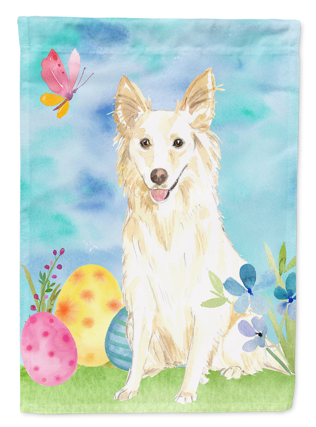 Easter Eggs White Collie House Flag 28x40 Porch Sleeve Pole Decorative Outside Yard Banner Artwork Wall Hanging, Polyester