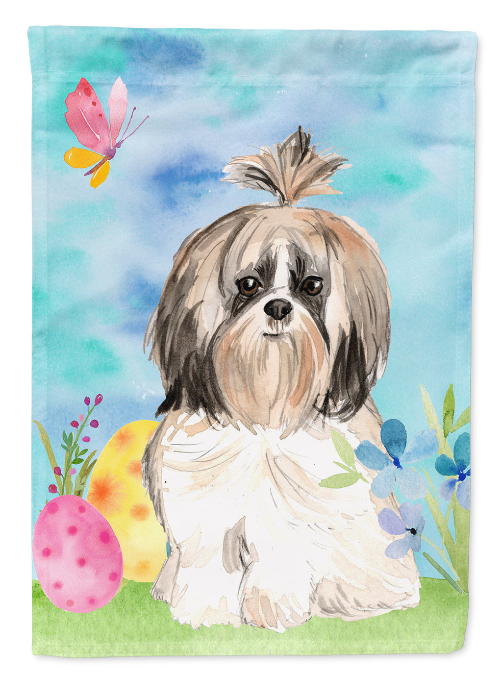 Easter Eggs Shih Tzu House Flag 28x40 Porch Sleeve Pole Decorative Outside Yard Banner Artwork Wall Hanging, Polyester