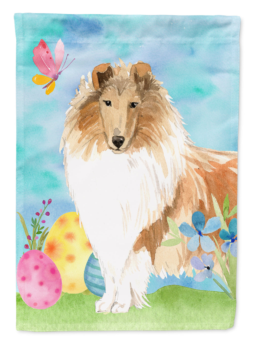 Easter Eggs Rough Collie House Flag 28x40 Porch Sleeve Pole Decorative Outside Yard Banner Artwork Wall Hanging, Polyester