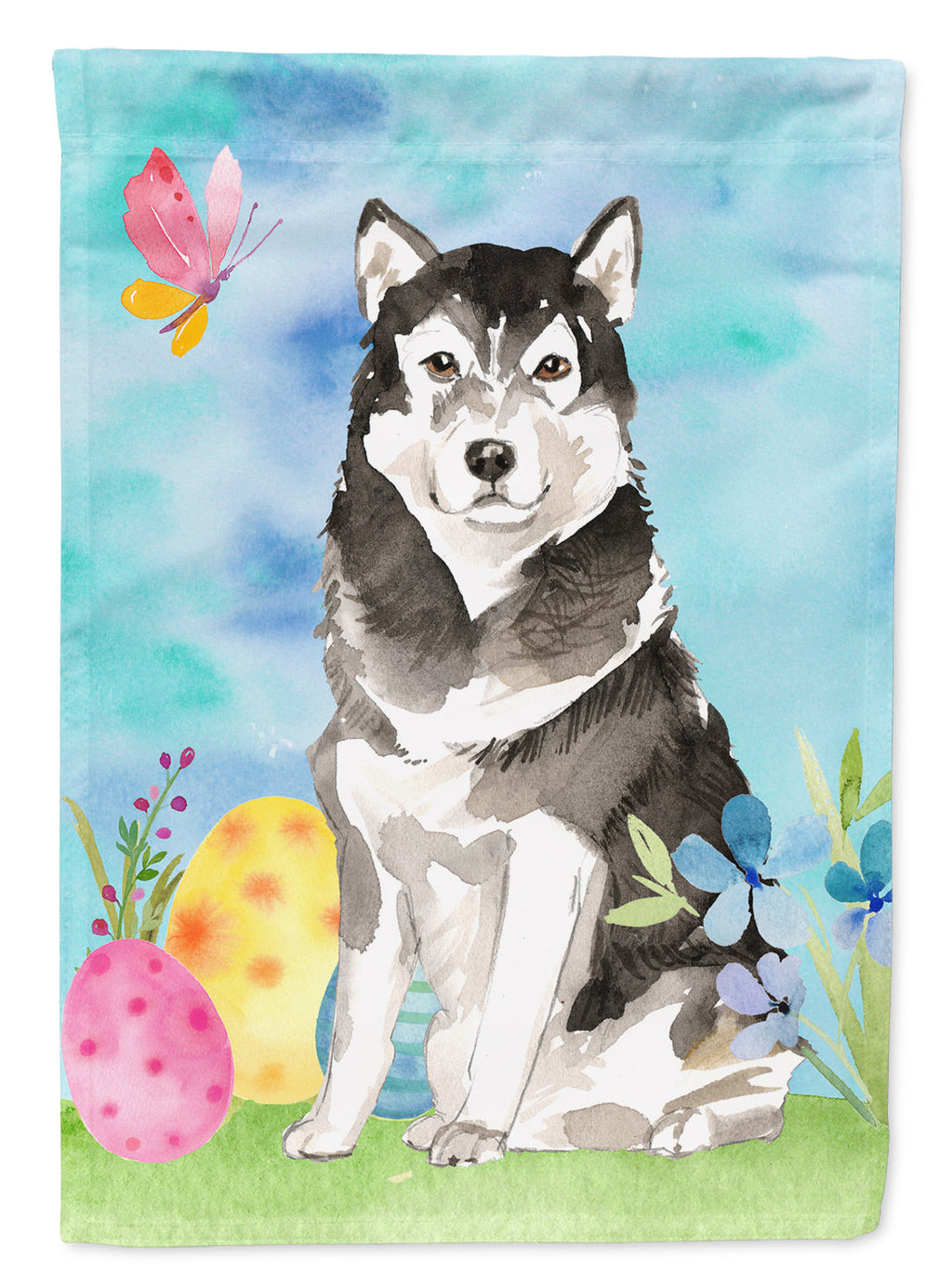 Easter Eggs Alaskan Malamute House Flag 28x40 Porch Sleeve Pole Decorative Outside Yard Banner Artwork Wall Hanging, Polyester