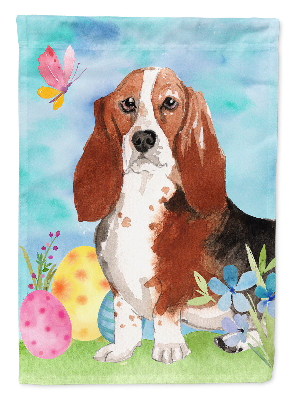 Easter Eggs Basset Hound House Flag 28x40 Porch Sleeve Pole Decorative Outside Yard Banner Artwork Wall Hanging, Polyester