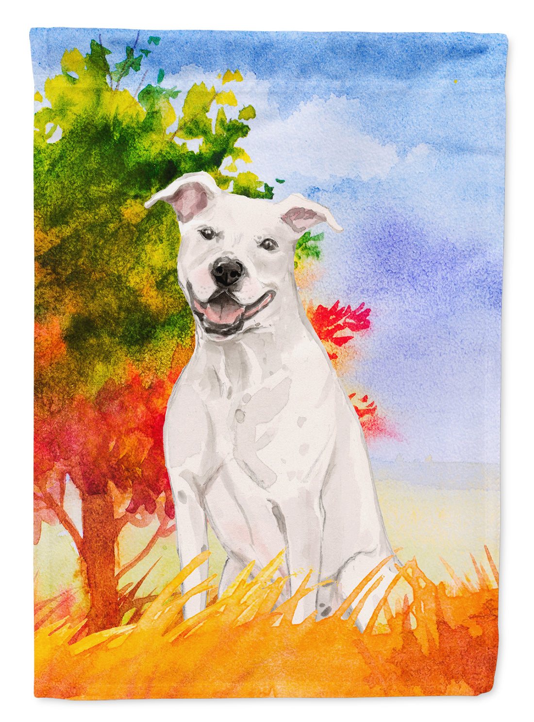 Fall White Staffie Bull Terrier House Flag 28x40 Porch Sleeve Pole Decorative Outside Yard Banner Artwork Wall Hanging, Polyester