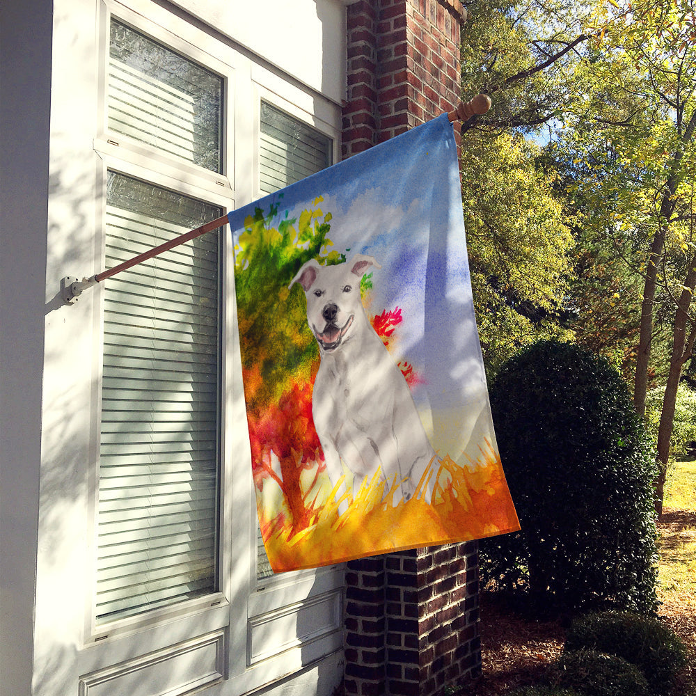 Fall White Staffie Bull Terrier House Flag 28x40 Porch Sleeve Pole Decorative Outside Yard Banner Artwork Wall Hanging, Polyester