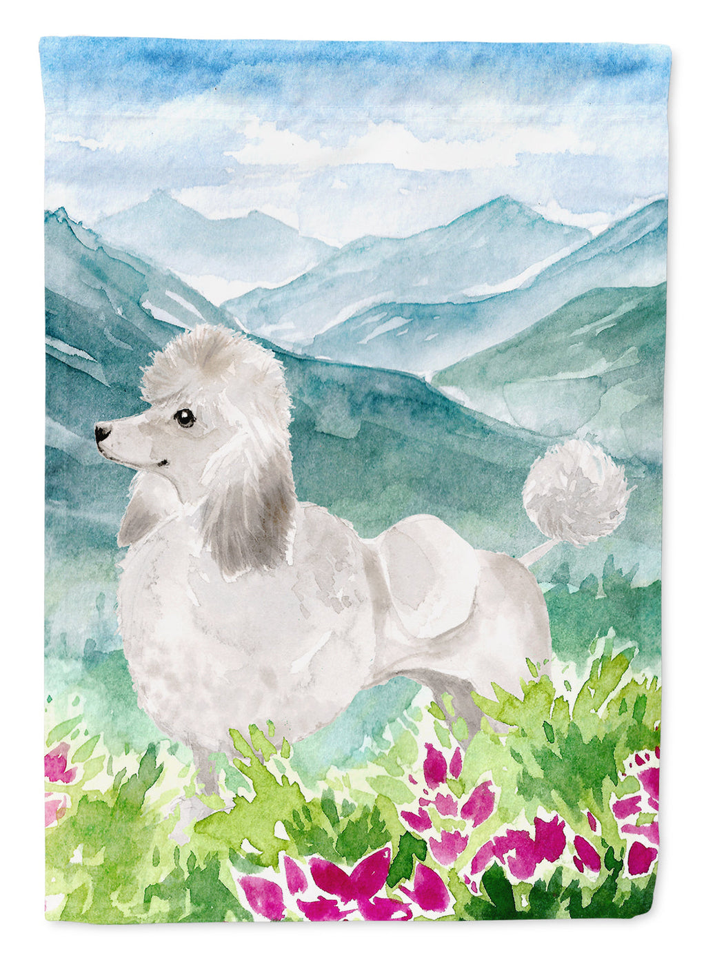 Mountian Flowers White Poodle House Flag 28x40 Porch Sleeve Pole Decorative Outside Yard Banner Artwork Wall Hanging, Polyester