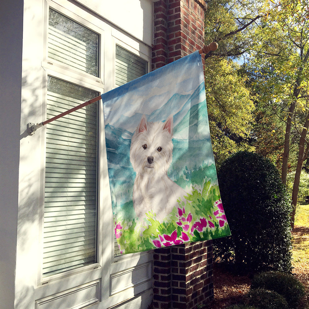 Mountian Flowers Westie House Flag 28x40 Porch Sleeve Pole Decorative Outside Yard Banner Artwork Wall Hanging, Polyester