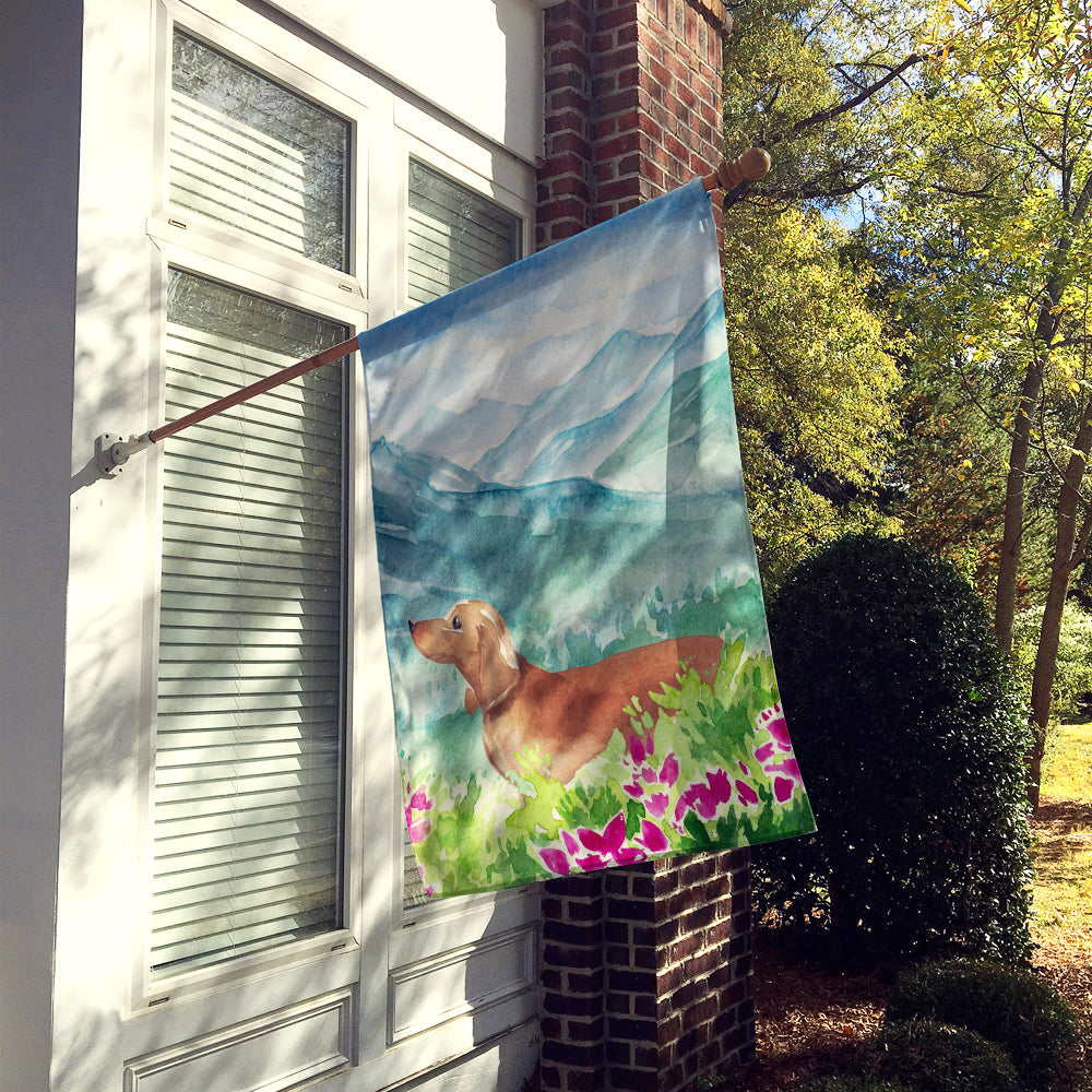 Mountian Flowers Red Dachshund House Flag 28x40 Porch Sleeve Pole Decorative Outside Yard Banner Artwork Wall Hanging, Polyester