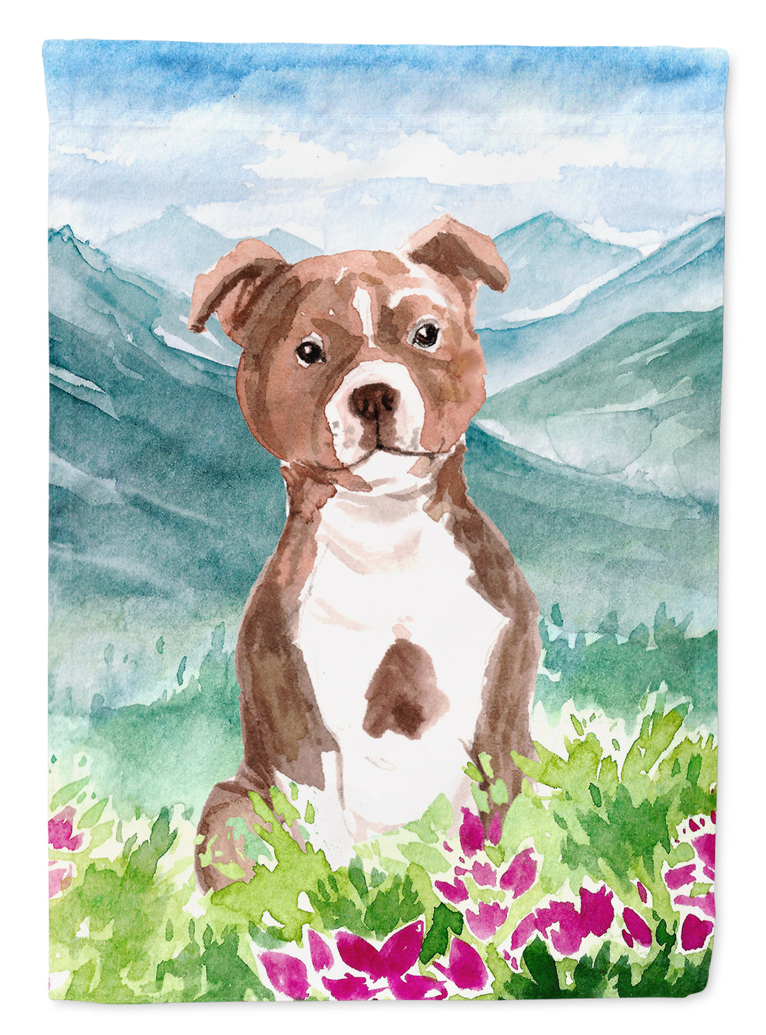 Mountian Flowers Red Staffordshire Bull Terrier House Flag 28x40 Porch Sleeve Pole Decorative Outside Yard Banner Artwork Wall Hanging, Polyester