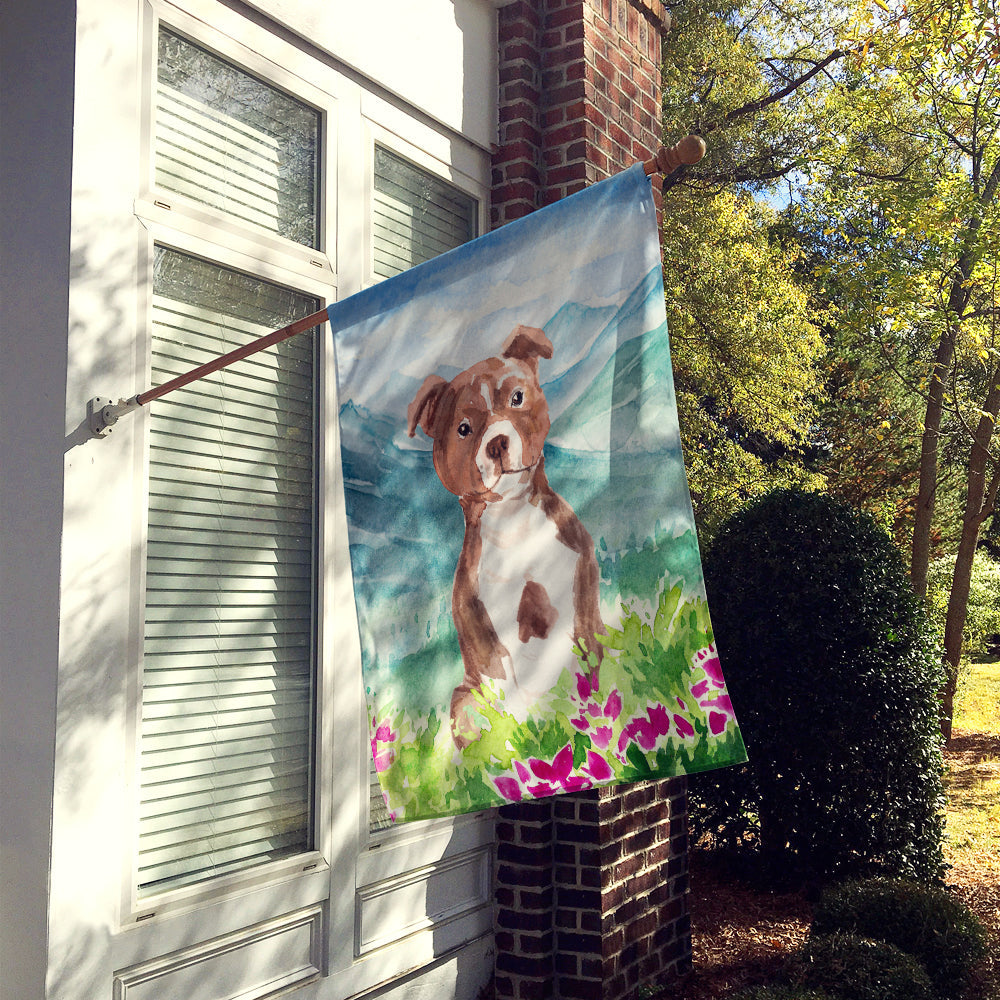 Mountian Flowers Red Staffordshire Bull Terrier House Flag 28x40 Porch Sleeve Pole Decorative Outside Yard Banner Artwork Wall Hanging, Polyester