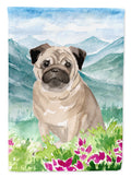 Mountian Flowers Fawn Pug House Flag 28x40 Porch Sleeve Pole Decorative Outside Yard Banner Artwork Wall Hanging, Polyester