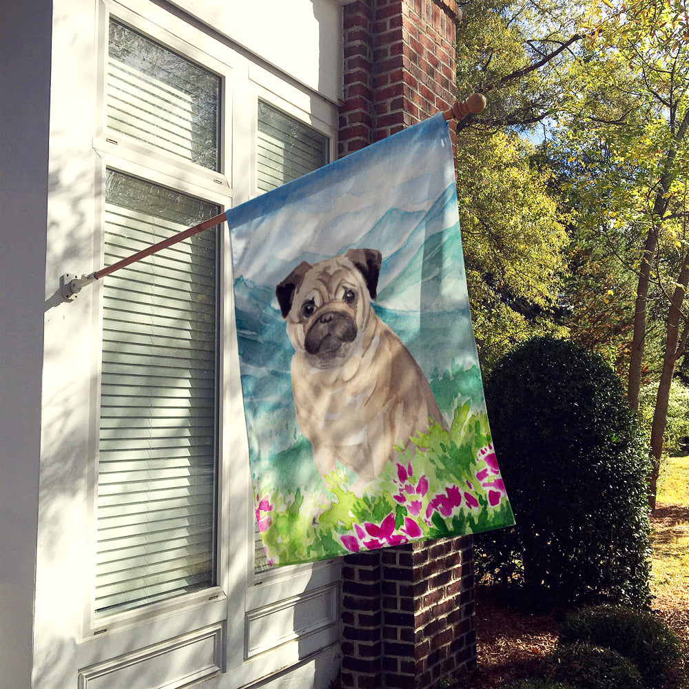 Mountian Flowers Fawn Pug House Flag 28x40 Porch Sleeve Pole Decorative Outside Yard Banner Artwork Wall Hanging, Polyester