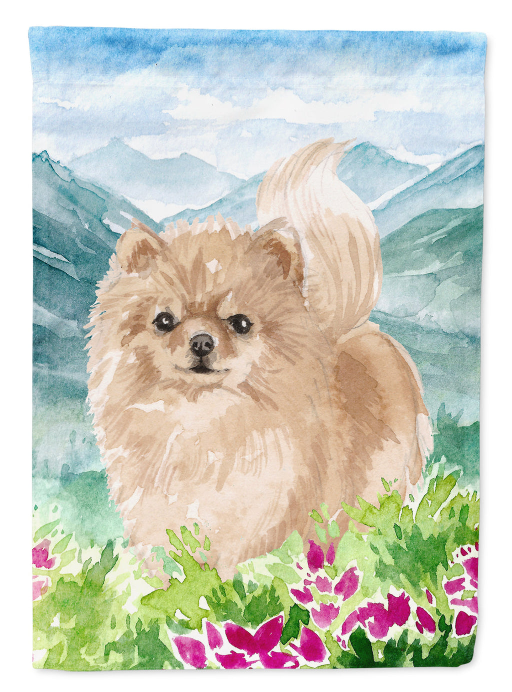 Mountian Flowers Pomeranian House Flag 28x40 Porch Sleeve Pole Decorative Outside Yard Banner Artwork Wall Hanging, Polyester