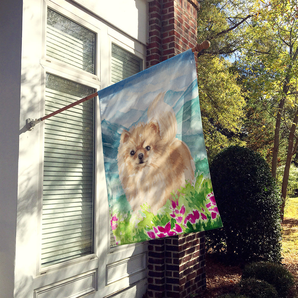 Mountian Flowers Pomeranian House Flag 28x40 Porch Sleeve Pole Decorative Outside Yard Banner Artwork Wall Hanging, Polyester