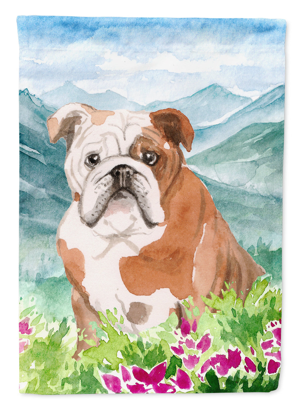 Mountian Flowers English Bulldog House Flag 28x40 Porch Sleeve Pole Decorative Outside Yard Banner Artwork Wall Hanging, Polyester