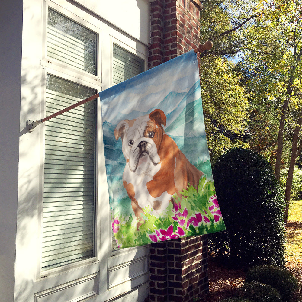 Mountian Flowers English Bulldog House Flag 28x40 Porch Sleeve Pole Decorative Outside Yard Banner Artwork Wall Hanging, Polyester