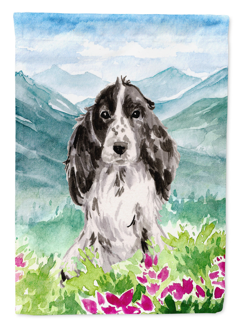 Mountian Flowers Black Parti Cocker Spaniel House Flag 28x40 Porch Sleeve Pole Decorative Outside Yard Banner Artwork Wall Hanging, Polyester