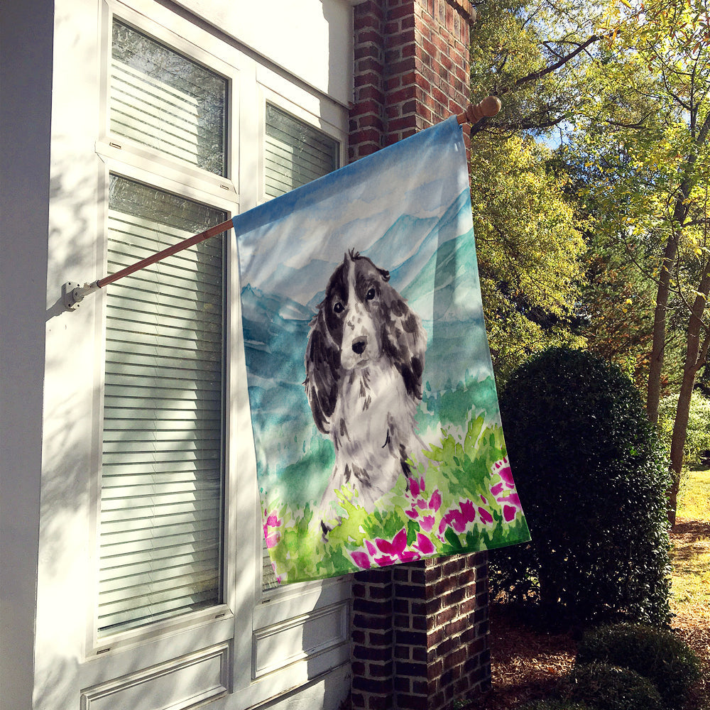 Mountian Flowers Black Parti Cocker Spaniel House Flag 28x40 Porch Sleeve Pole Decorative Outside Yard Banner Artwork Wall Hanging, Polyester