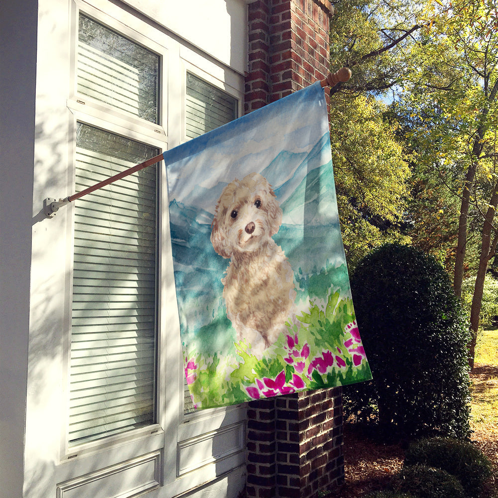 Mountian Flowers Goldendoodle House Flag 28x40 Porch Sleeve Pole Decorative Outside Yard Banner Artwork Wall Hanging, Polyester