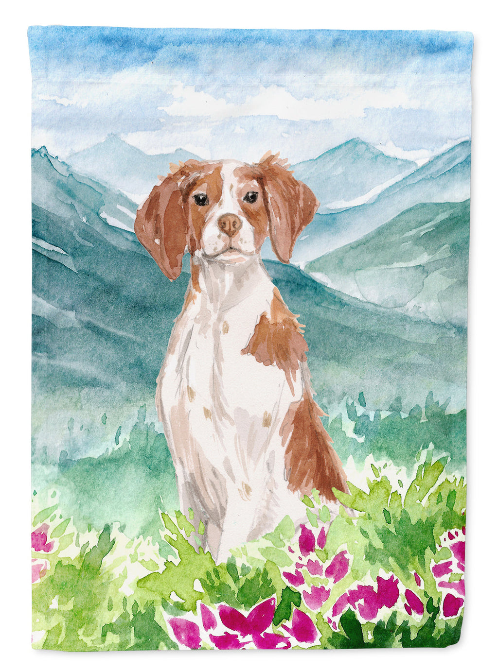 Mountian Flowers Brittany Spaniel House Flag 28x40 Porch Sleeve Pole Decorative Outside Yard Banner Artwork Wall Hanging, Polyester