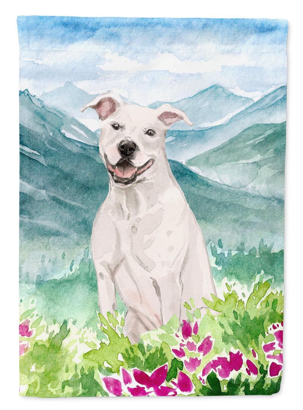Mountian Flowers White Staffie Bull Terrier House Flag 28x40 Porch Sleeve Pole Decorative Outside Yard Banner Artwork Wall Hanging, Polyester
